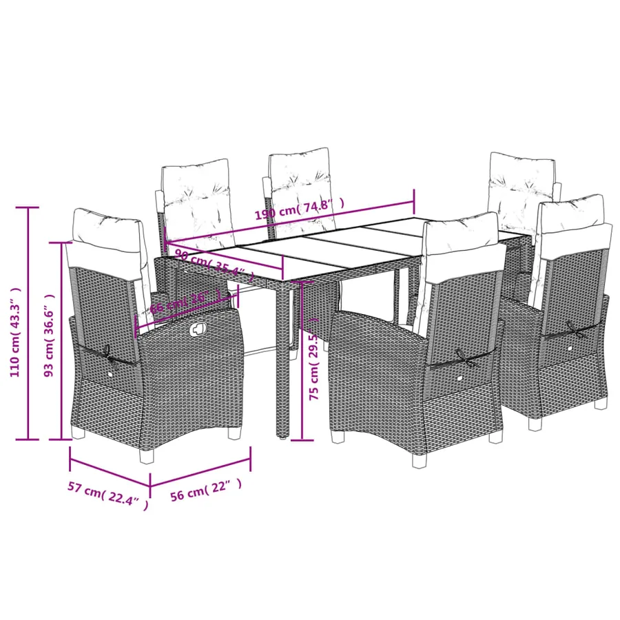 Ensemble à manger de jardin coussins 7pcs Noir Résine tressée - 9