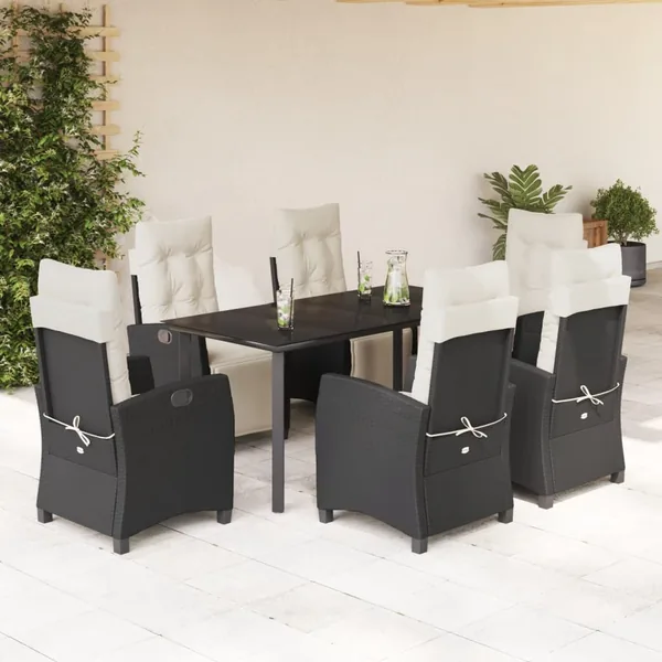 Ensemble à manger de jardin coussins 7pcs Noir Résine tressée