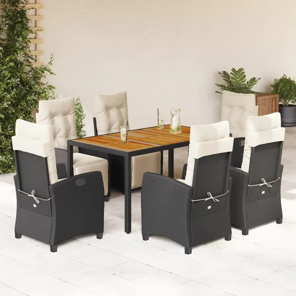 Ensemble à manger de jardin coussins 7pcs Noir Résine tressée