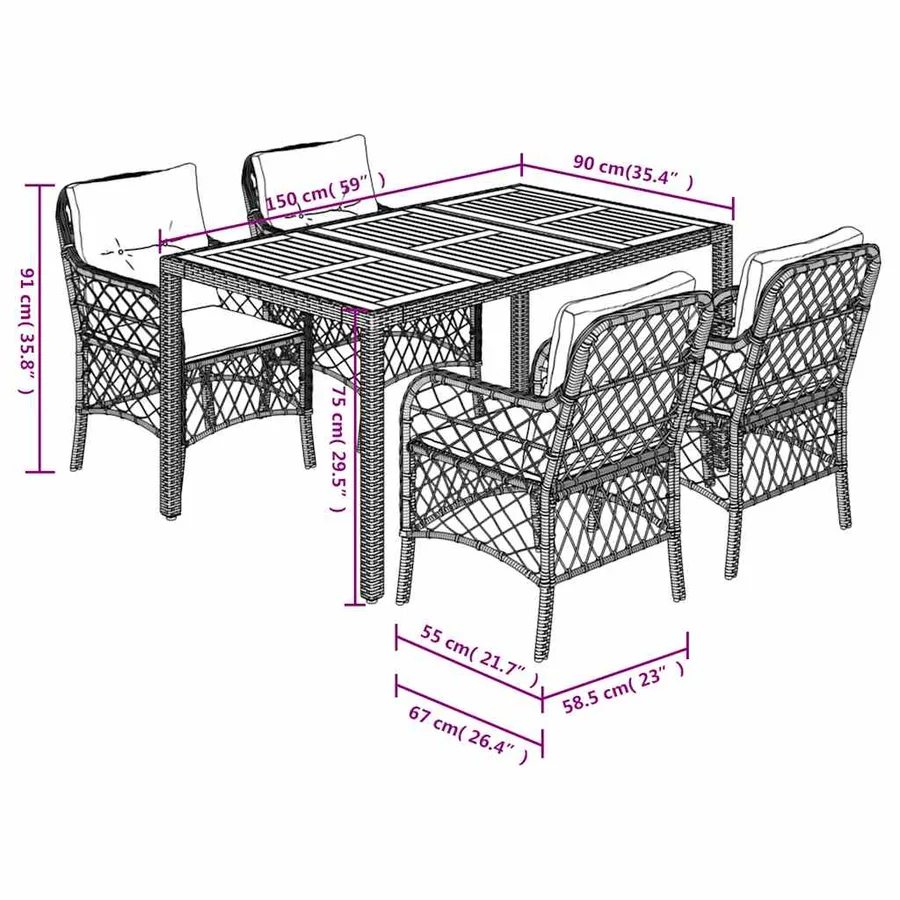 Ensemble à manger de jardin coussins 5pcs Noir Résine tressée - 7