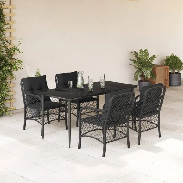 Ensemble à manger de jardin coussins 5pcs Noir Résine tressée