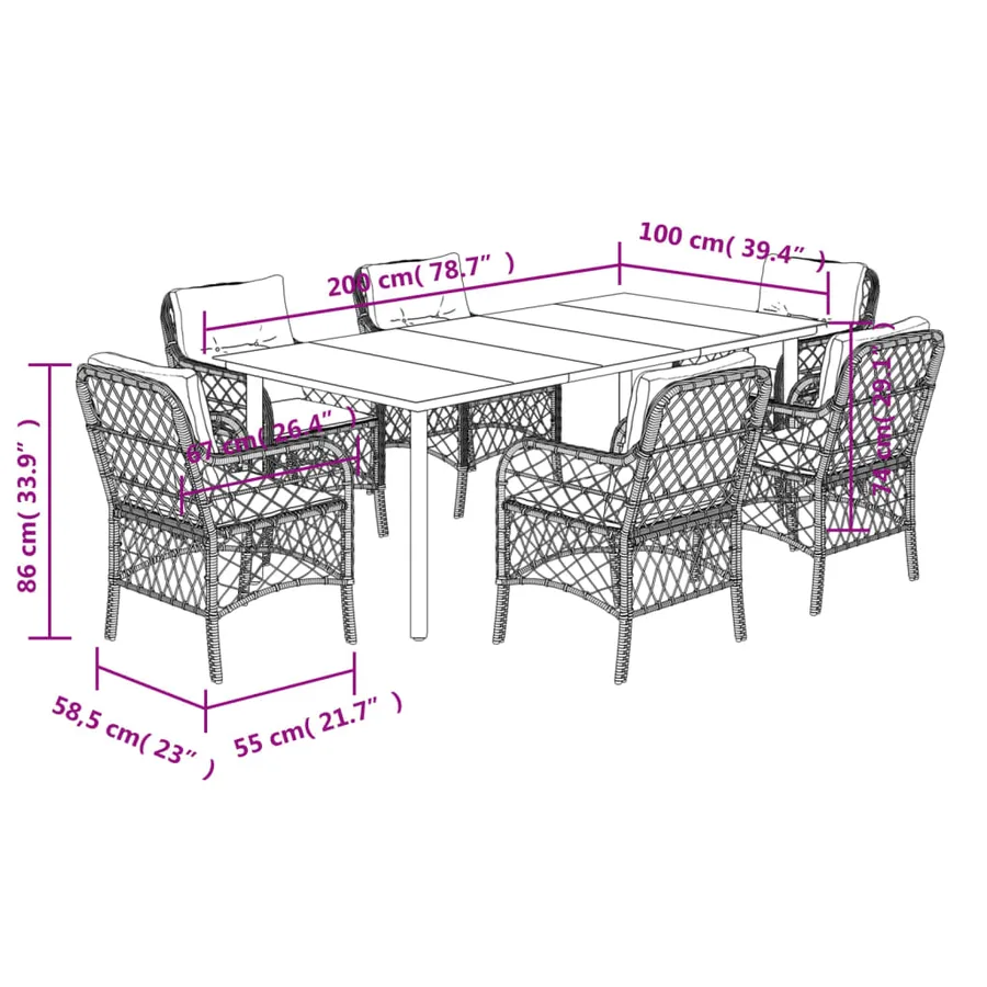 Ensemble à manger de jardin coussins 7pcs Noir Résine tressée - 7