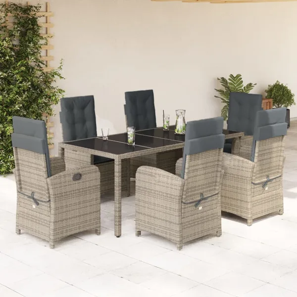 Ensemble à manger de jardin et coussins 7 pcs gris rotin