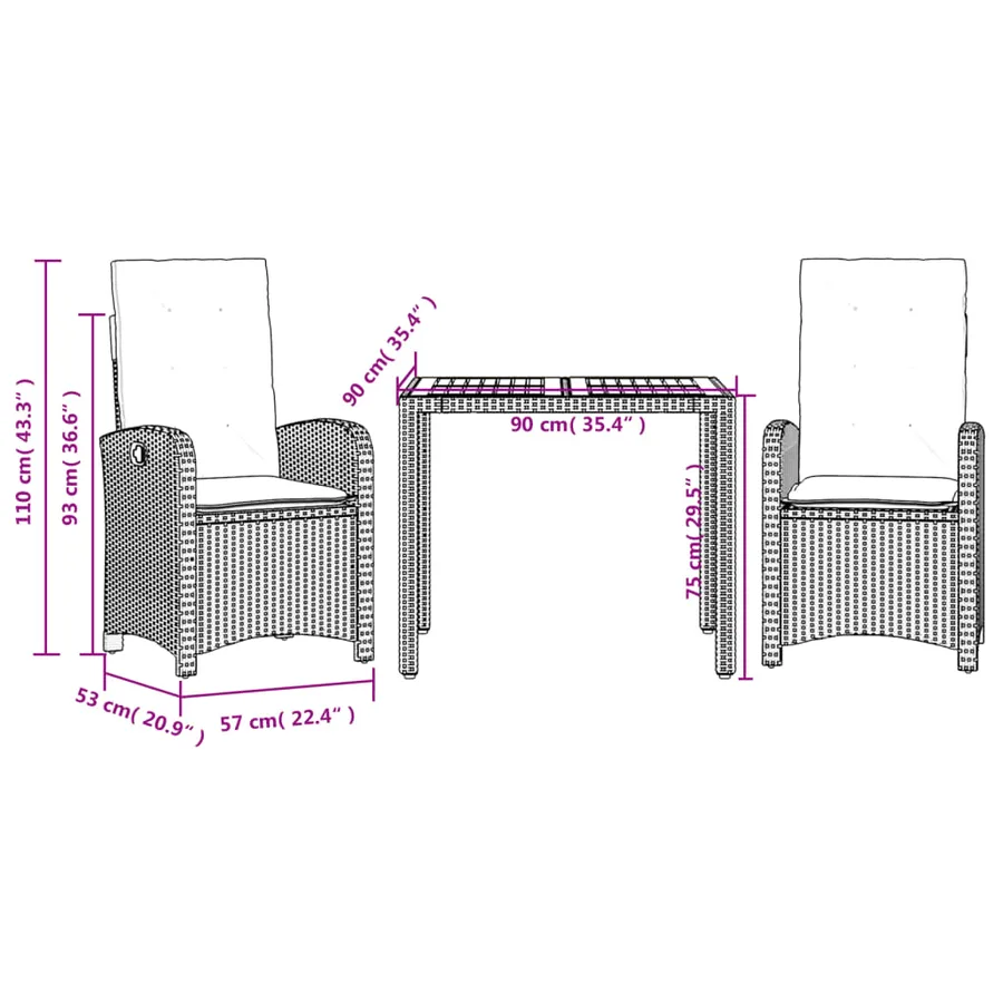 Ensemble à manger de jardin 3 pcs coussins gris résine tressée - 9