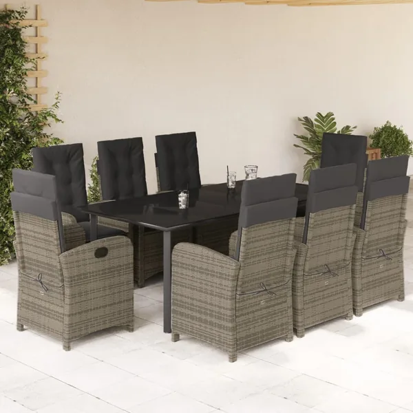 Ensemble à manger de jardin 9 pcs coussins gris résine tressée