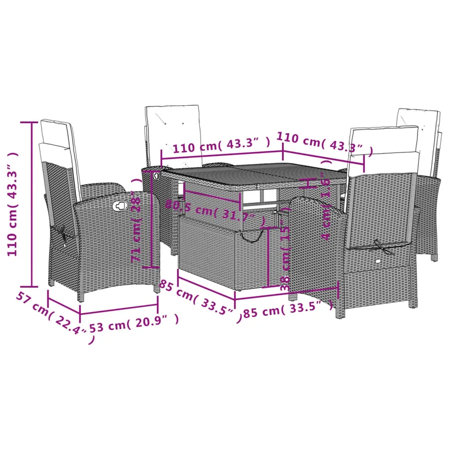Ensemble à manger de jardin 5 pcs coussins gris résine tressée - 8