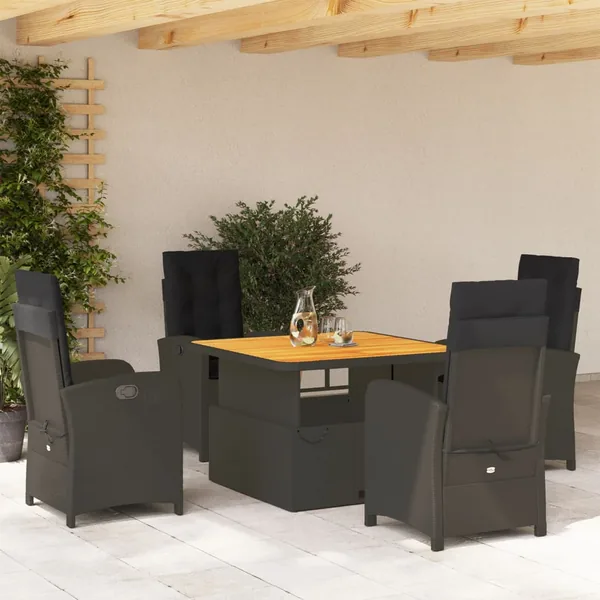 Ensemble à manger de jardin coussins 5pcs Noir Résine tressée