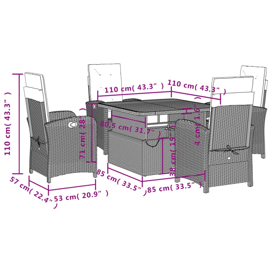 Ensemble à manger de jardin coussins 5pcs Noir Résine tressée - 8