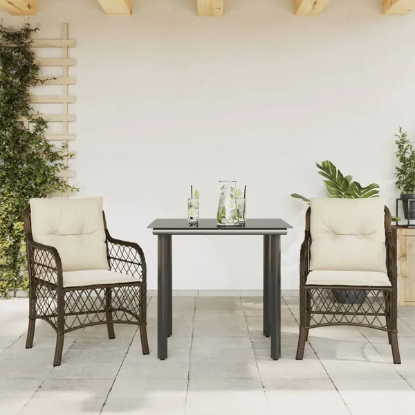 Ensemble de bistro 3 pcs avec coussins marron résine tressée