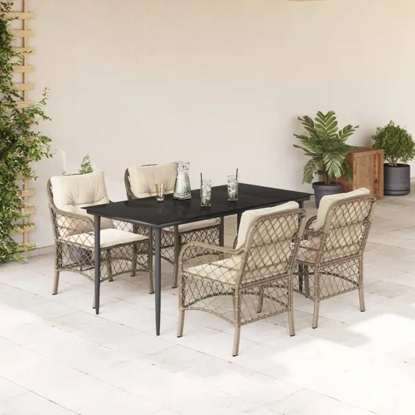 Ensemble à manger de jardin avec coussins 5pcs Beige poly rotin
