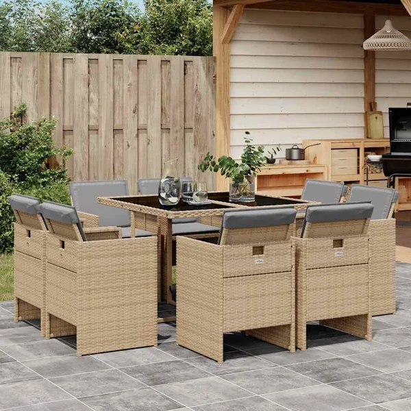 Ensemble à manger de jardin et coussins 9 pcs mélange beige