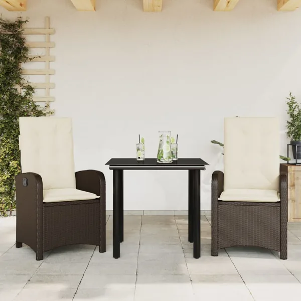 Ensemble à manger de jardin 3 pcs et coussins marron poly rotin