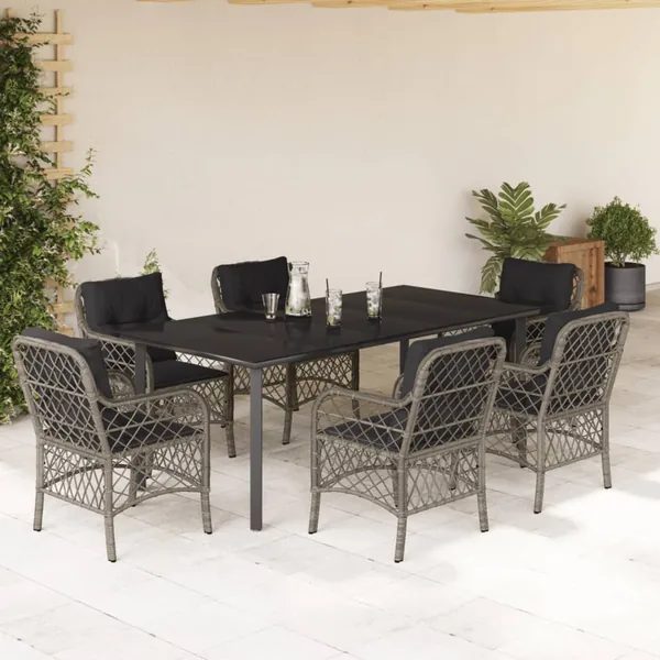 Ensemble à manger de jardin et coussins 7 pcs gris rotin