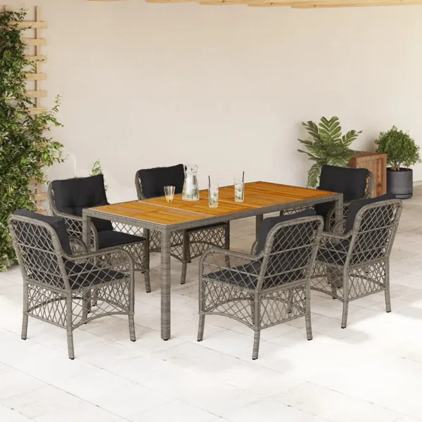Ensemble à manger de jardin et coussins 7 pcs gris rotin