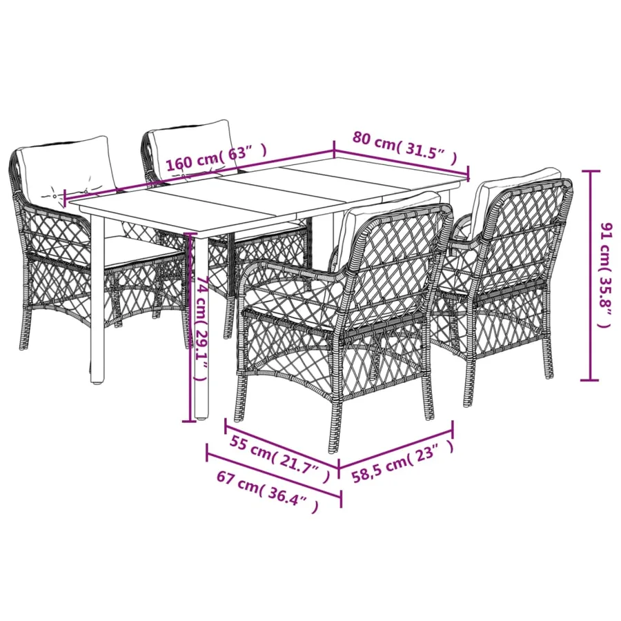 Ensemble à manger de jardin 5 pcs coussins gris résine tressée - 7