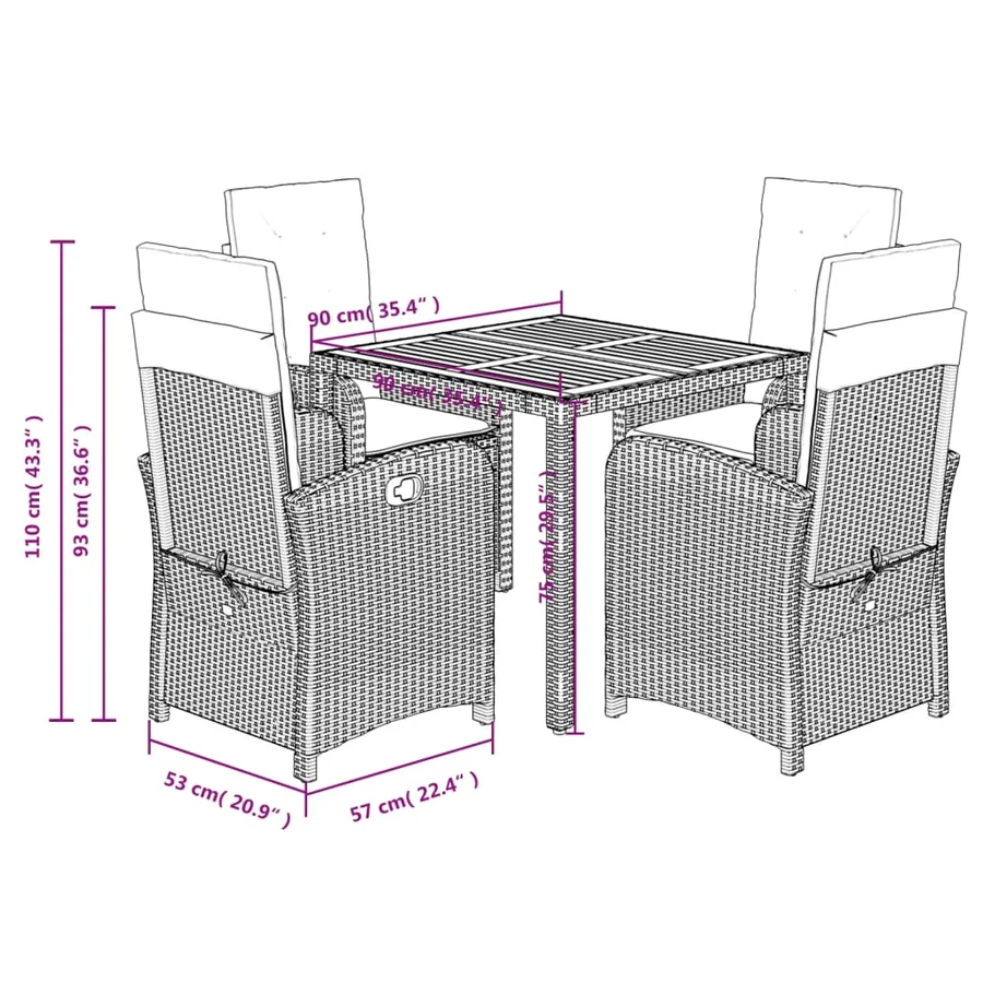 Ensemble à manger de jardin coussins 5pcs Noir Résine tressée - 9
