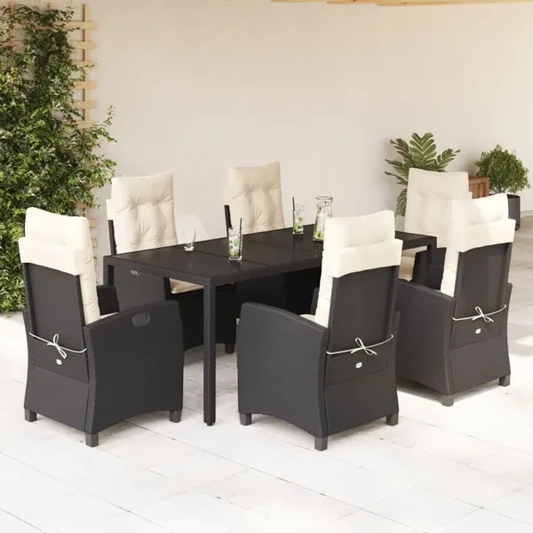 Ensemble à manger de jardin coussins 7pcs Noir Résine tressée