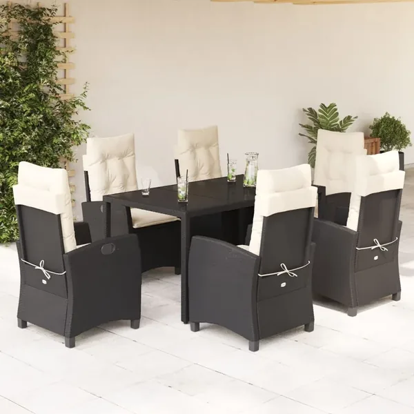 Ensemble à manger de jardin coussins 7pcs Noir Résine tressée