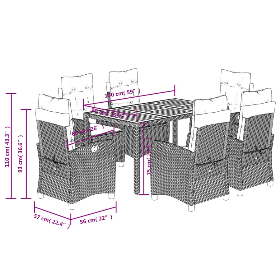 Ensemble à manger de jardin coussins 7pcs Noir Résine tressée - 9