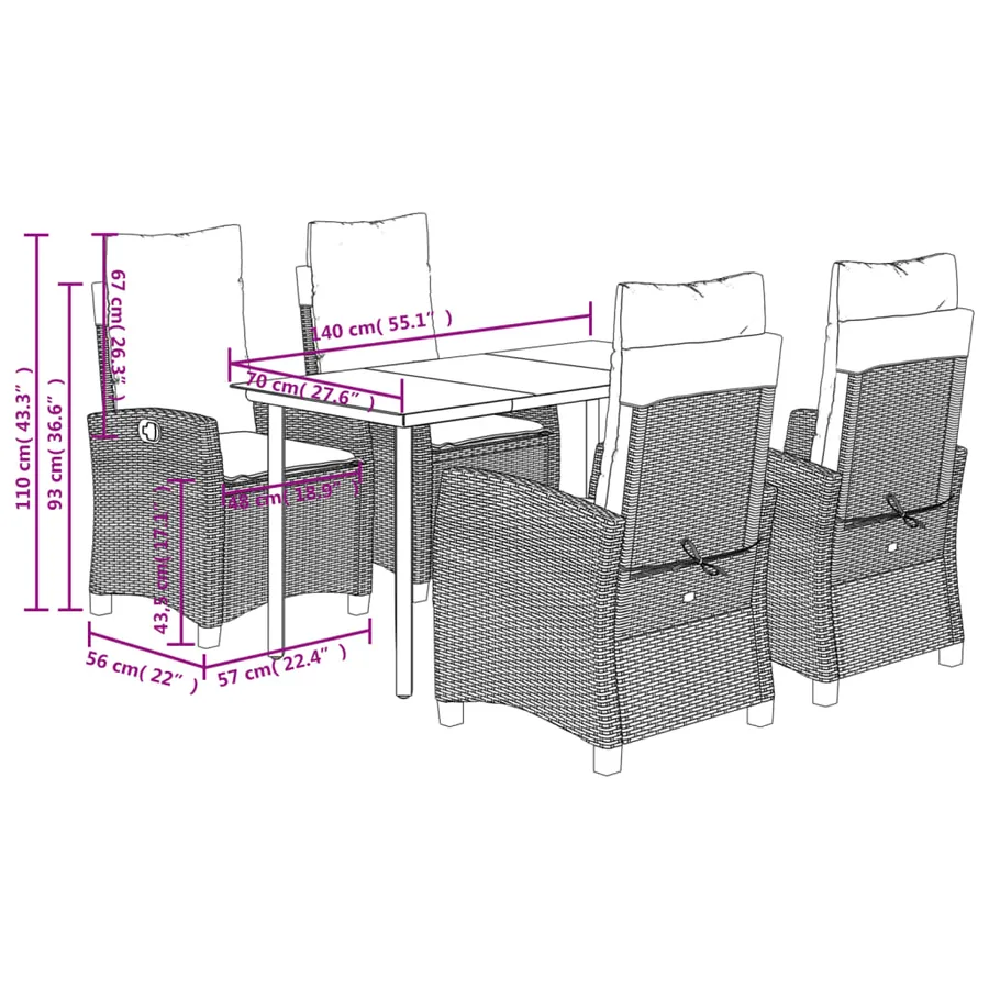 Ensemble à manger de jardin 5 pcs et coussins marron poly rotin - 9