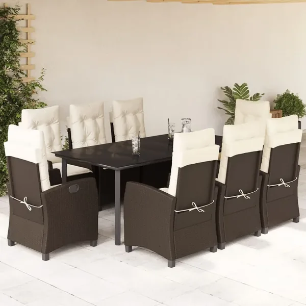 Ensemble à manger de jardin et coussins 9 pcs marron poly rotin