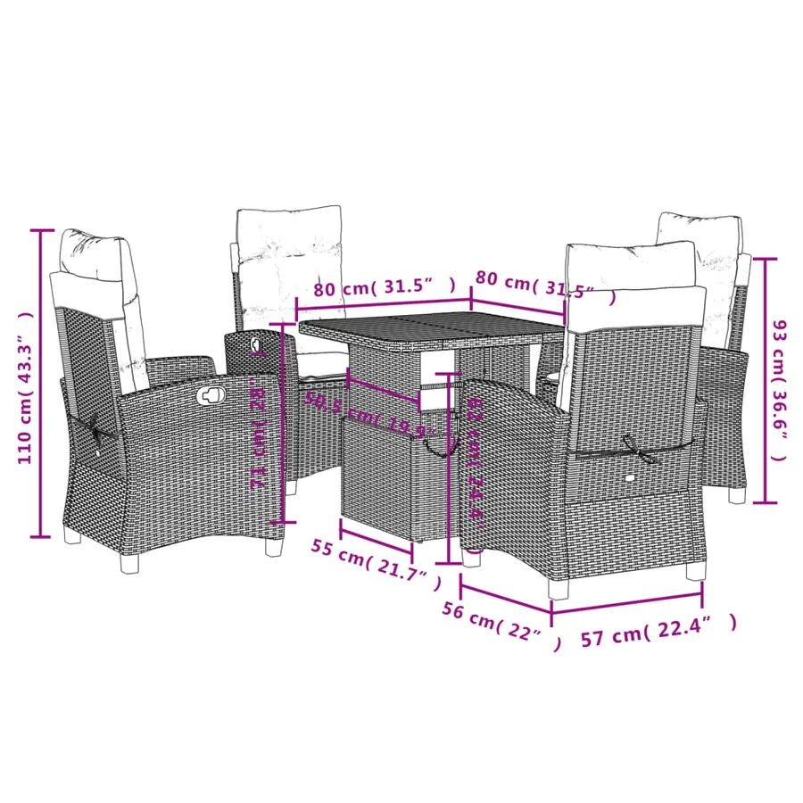 Ensemble à manger de jardin coussins 5pcs Noir Résine tressée - 8