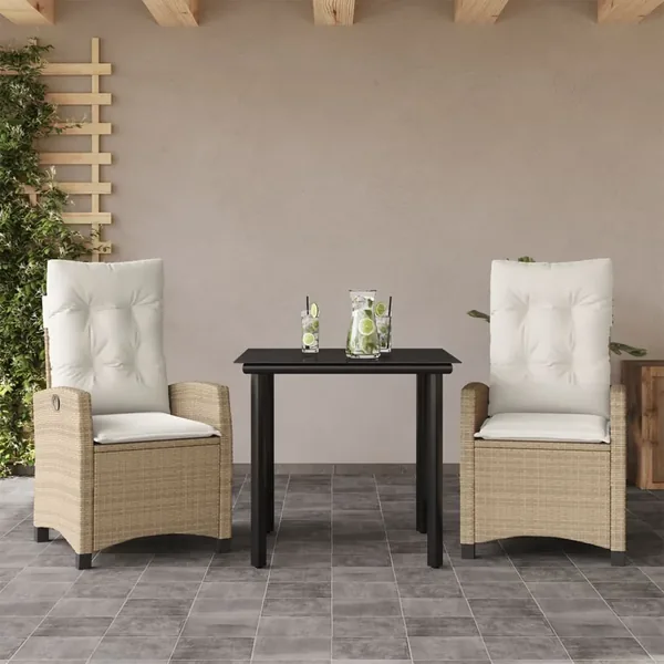 Ensemble à manger de jardin et coussins 3 pcs Beige poly rotin