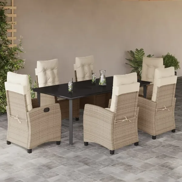 Ensemble à manger de jardin et coussins 7 pcs beige poly rotin