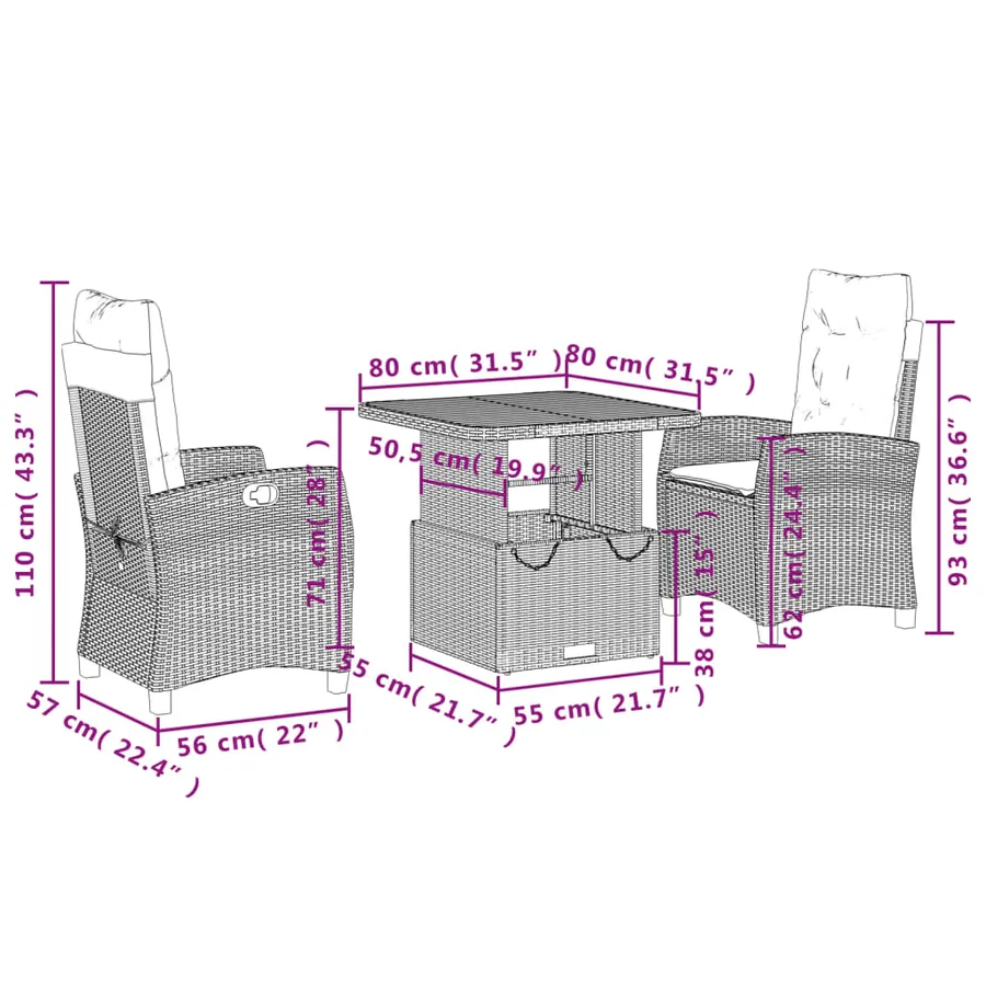 Ensemble à manger de jardin 3 pcs coussins gris résine tressée - 8