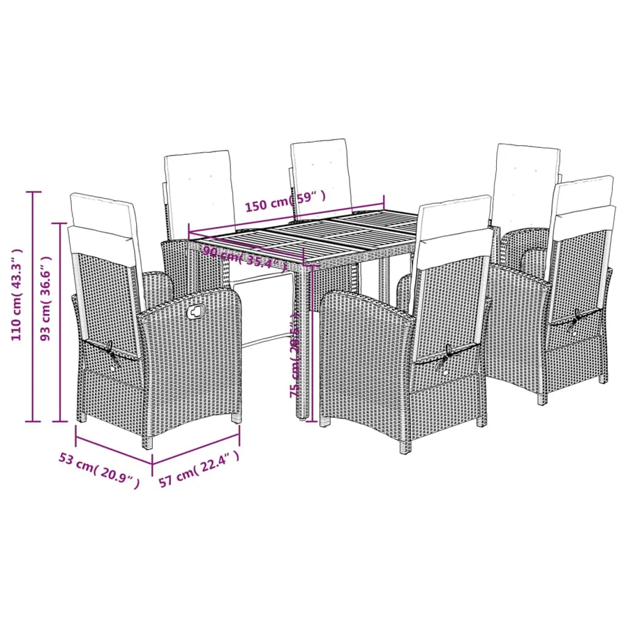 Ensemble à manger de jardin coussins 7pcs Noir Résine tressée - 9