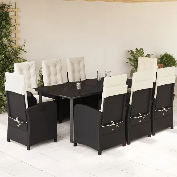 Ensemble à manger de jardin 9pcs coussins noir résine tressée