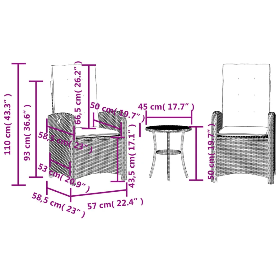 Ensemble de bistro 3 pcs avec coussins beige résine tressée - 15