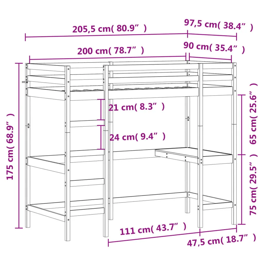 Lit superposé avec bureau 90x200 cm bois de pin massif - 10
