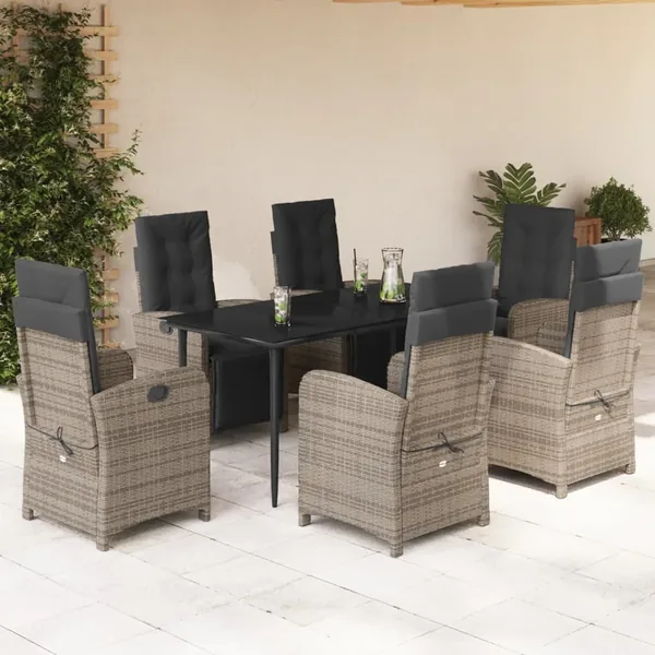 Ensemble à manger de jardin et coussins 7 pcs gris rotin