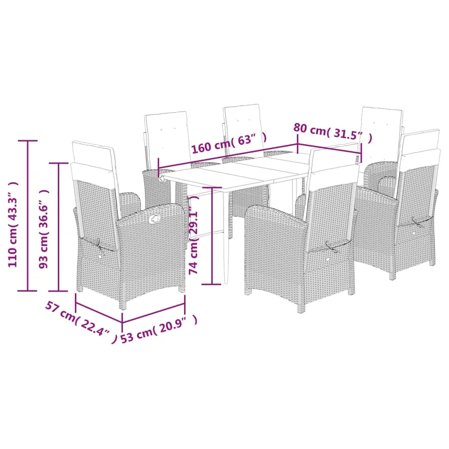Ensemble à manger de jardin et coussins 7 pcs gris rotin - 9