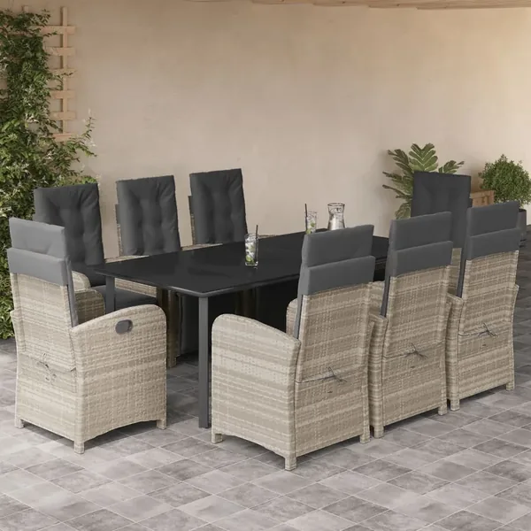 Ensemble à manger de jardin et coussins 9 pcs gris clair rotin