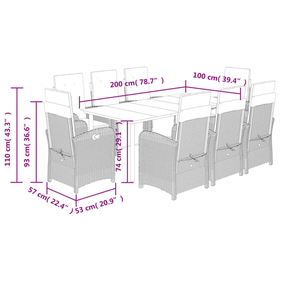 Ensemble à manger de jardin et coussins 9 pcs gris clair rotin - 9