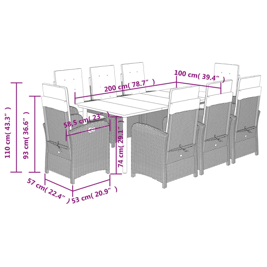 Ensemble à manger de jardin et coussins 9 pcs beige Poly rotin - 12