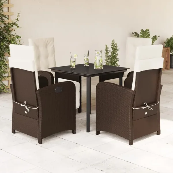 Ensemble à manger de jardin 5 pcs et coussins marron poly rotin