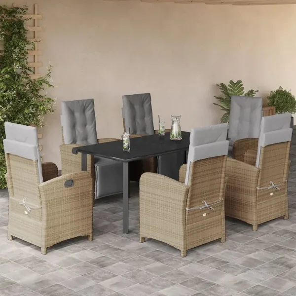 Ensemble à manger de jardin et coussins 7 pcs beige poly rotin