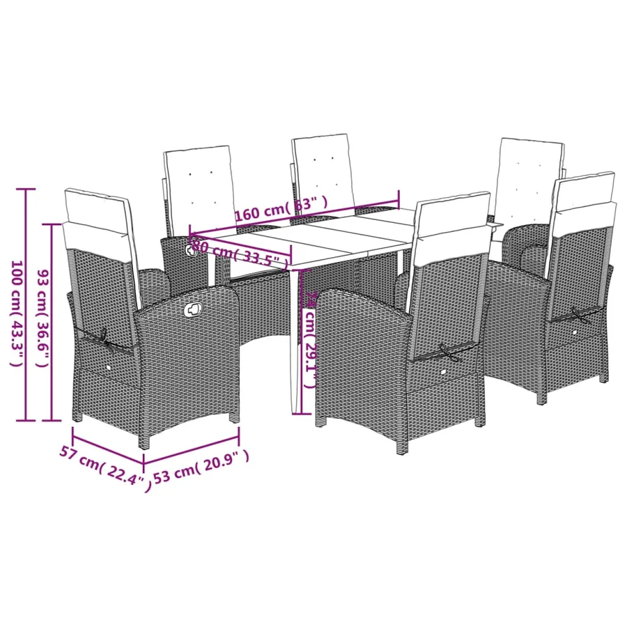 Ensemble à manger de jardin et coussins 7 pcs gris rotin - 12