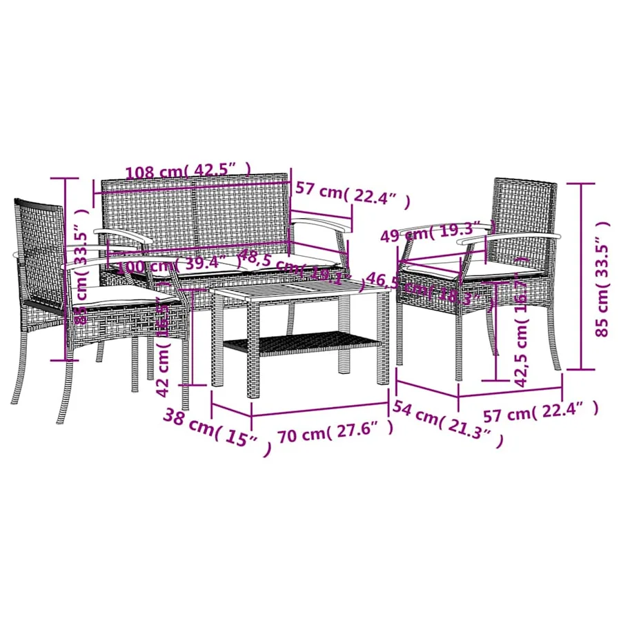 Salon de jardin 4 pcs avec coussins Noir Résine tressée - 15