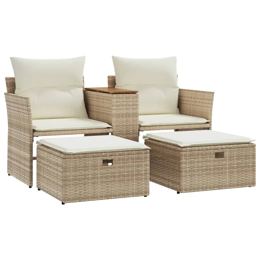 Canapé de jardin 2 places avec tabourets beige résine tressée - 2