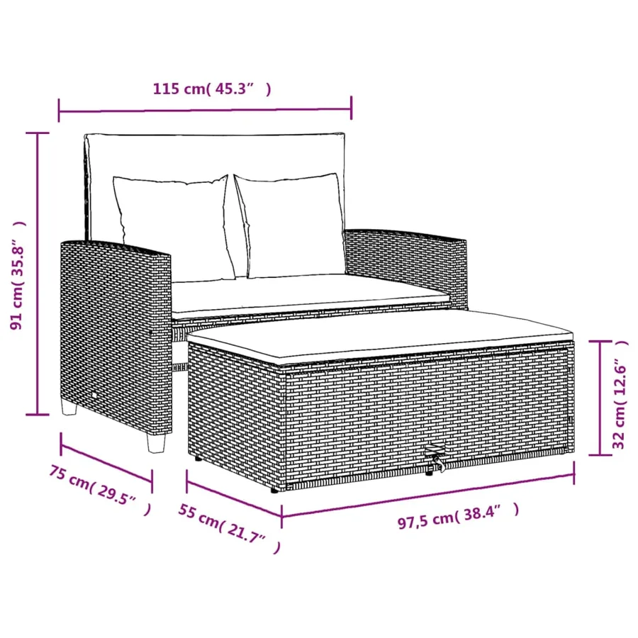 Banc inclinable de jardin avec coussins marron résine tressée - 15