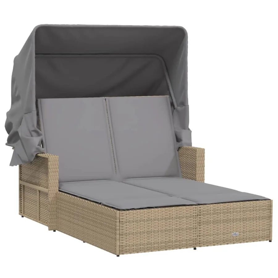 Chaise longue double et auvent et coussins mélange beige rotin - 2