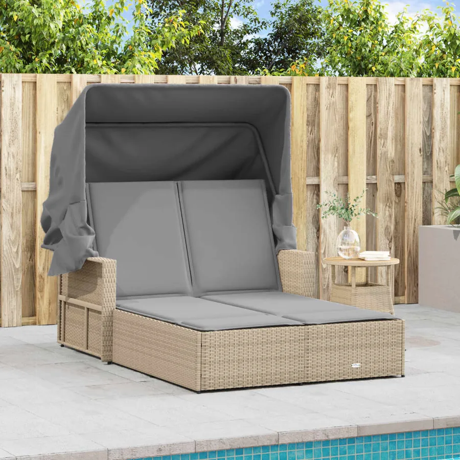 Chaise longue double et auvent et coussins mélange beige rotin - 3