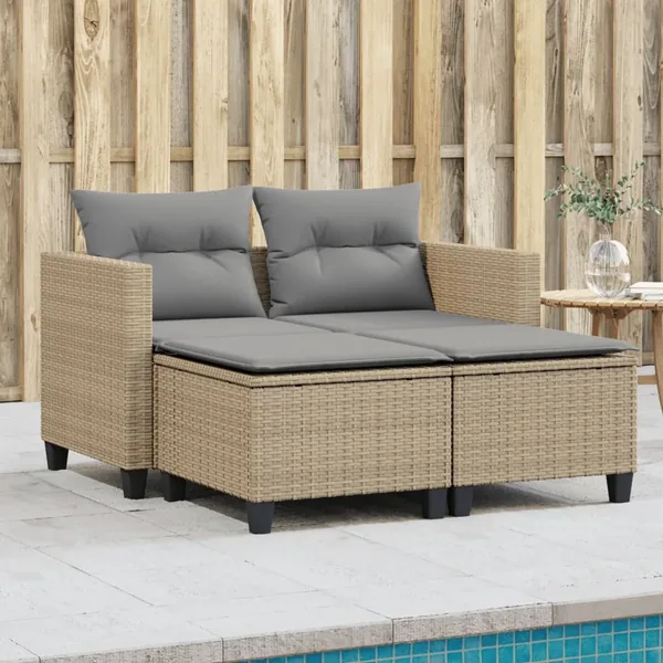 Canapé de jardin 2 places avec tabourets beige résine tressée