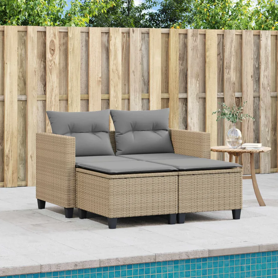 Canapé de jardin 2 places avec tabourets beige résine tressée - 3