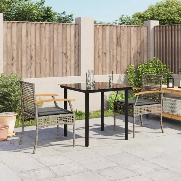Ensemble à manger de jardin 3 pcs coussins gris résine tressée