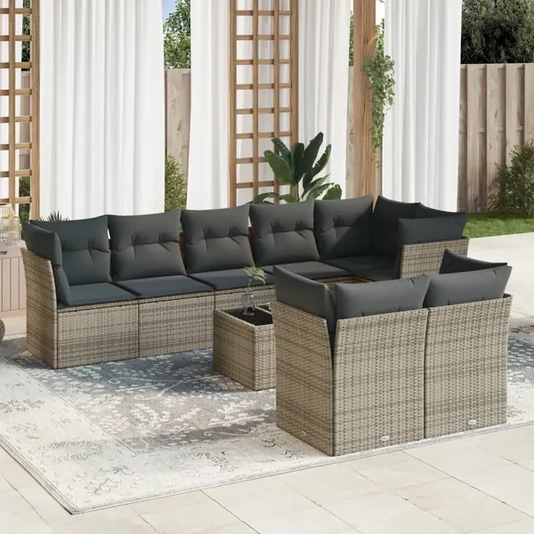 Salon de jardin 9 pcs avec coussins gris résine tressée